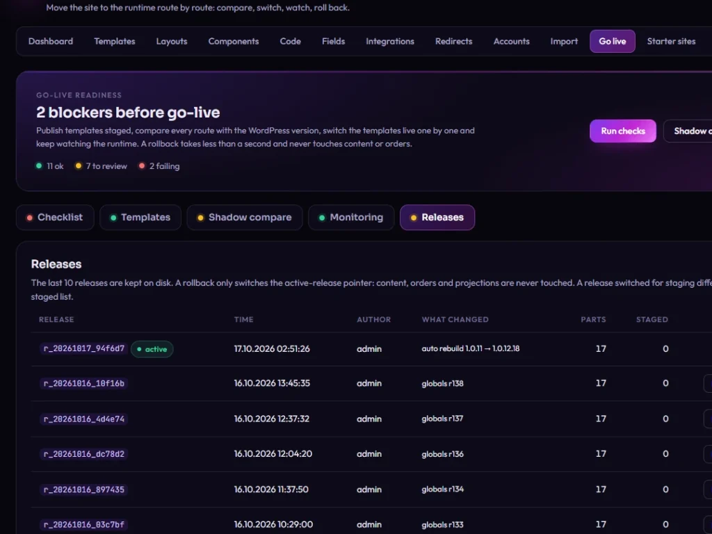 DJIA Builder Go live, Releases tab