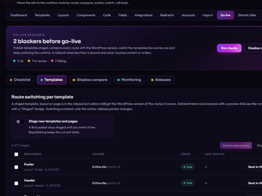 DJIA Builder Go live, Templates tab
